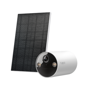 Solar panel paired with a white outdoor security camera for off-grid surveillance kit